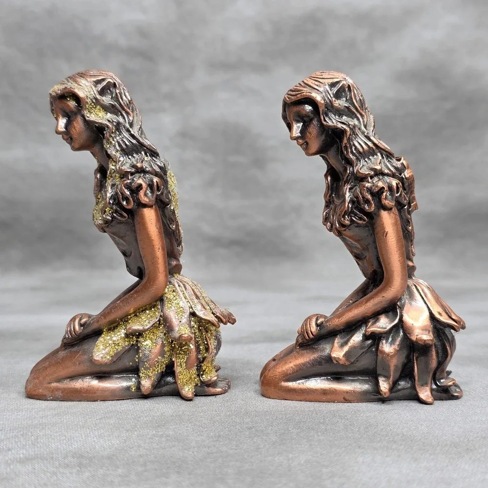 (X2) Pixie Fairy Figurines Copper Kneeling Girl Glitter‎ Home Decor Vintage